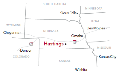 Regional map of Nebraska showing where Hastings College is