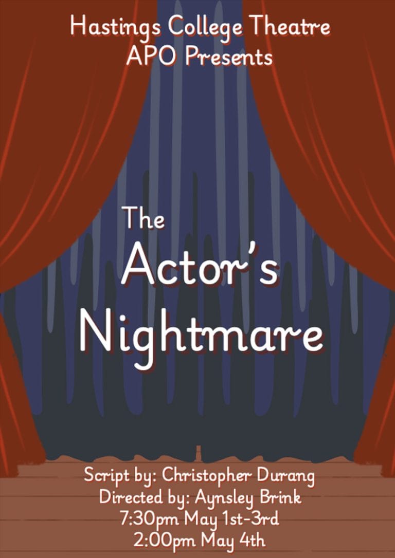 Poster that says "The Actor's Nightmare" with show dates of May 1, 2, 3 and 4.