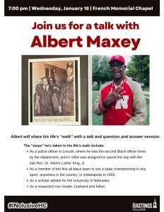 Image of a poster showing Albert Maxey's speech on January 18 at 7:00 pm