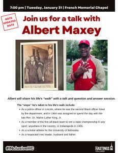 Image of a poster showing Albert Maxey's talk at 7pm January 18.