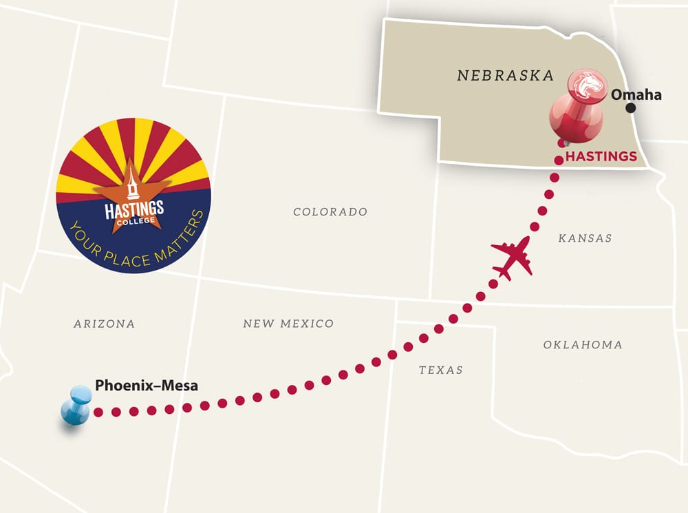 Shows flight from Phoenix-Mesa airport to Central Nebraska. 