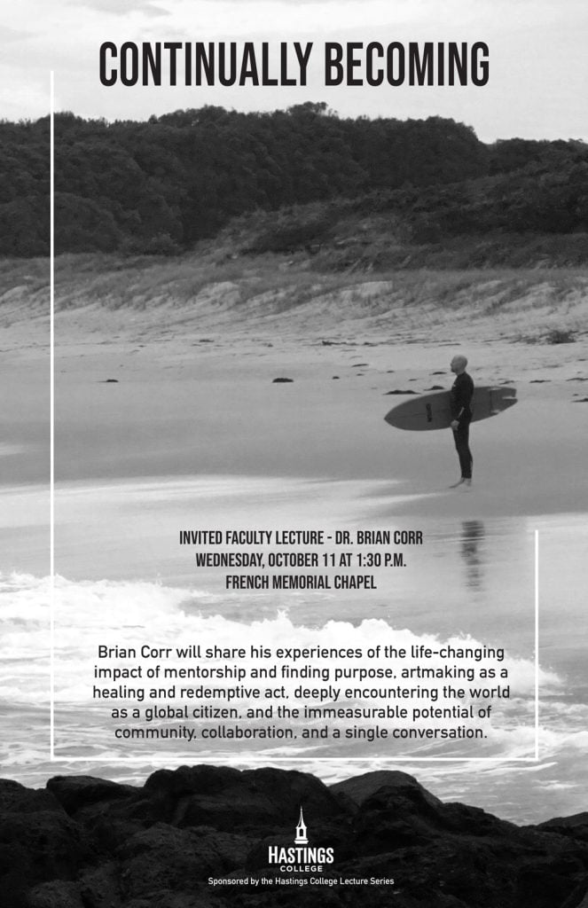 Poster showing Brian Corr, associate professor of art–glass, announcing his Invited Faculty Lecture on Wednesday, October 11, at 1:30 p.m. in French Memorial Chapel.