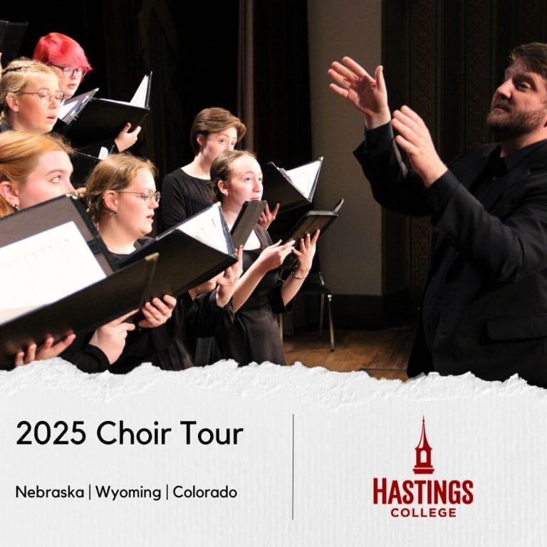 Photo of choir and director with words 2025 Choir Tour.