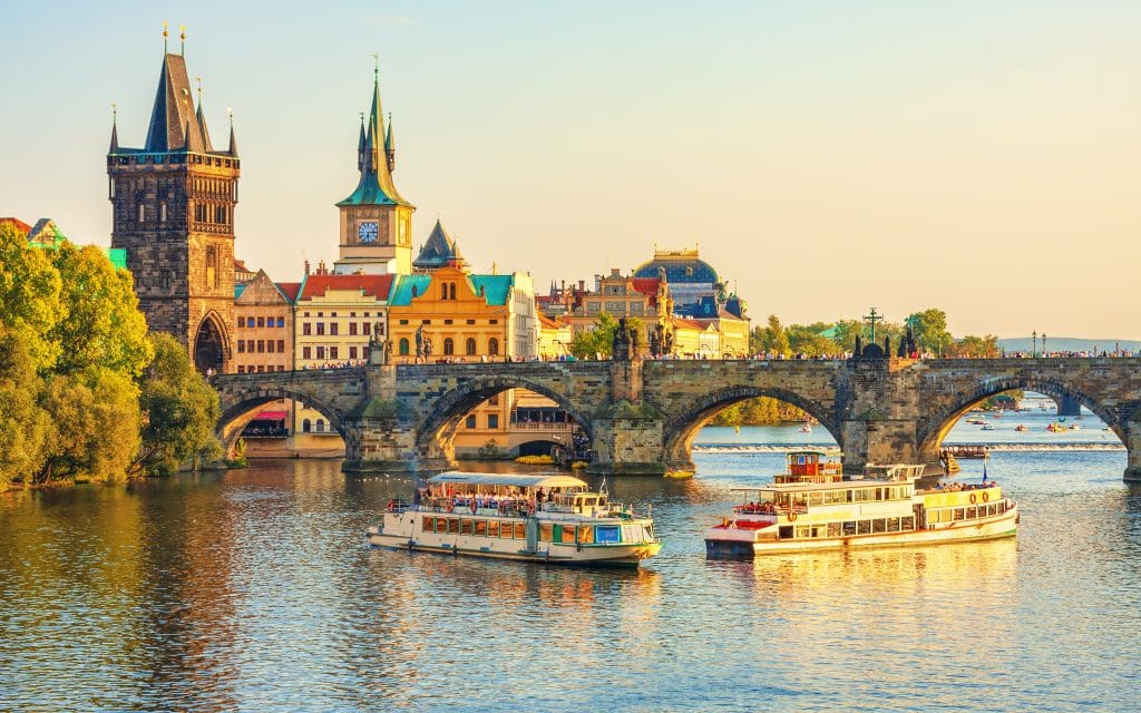 Charles Bridge and architecture of the old town in Prague, Czech republic. Vltava river. Landmarks of the Prague. Old town in Prague.