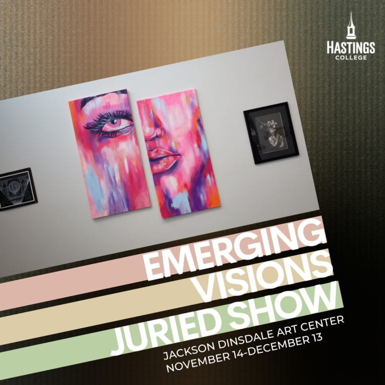 Picture of gallery with text that says Emerging Visions Juried Show.