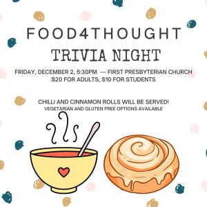 Graphic with chilli bowl and cinnamon roll for Food 4 Thought event.