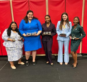 Photo of the Hastings College Forensics team, including Citlaly Quiroz, Nikki deSeriere, Ally Banks, Emma Kellick and Kianté Stuart.