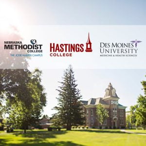 An image of McCormick Hall with Hastings College, Methodist College and Des Moines University logos on top.