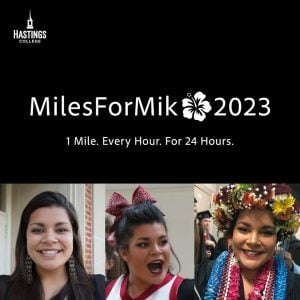 Miles for Mik 2023 as text with three images of Mikaelah Molifua