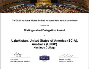 Certificate for Model UN award.