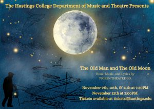 A poster with a moon and outline of an old man. Promoting the show "The Old Man and The Old Moon."