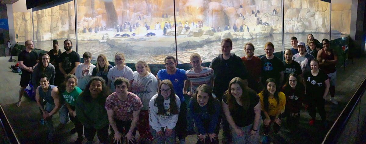 Students standing in front of a penguin exhibit.