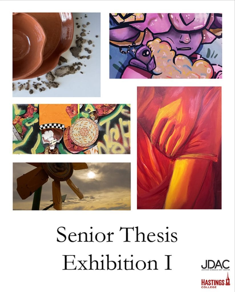 Five images of art with text that says Senior Thesis Exhibition I.