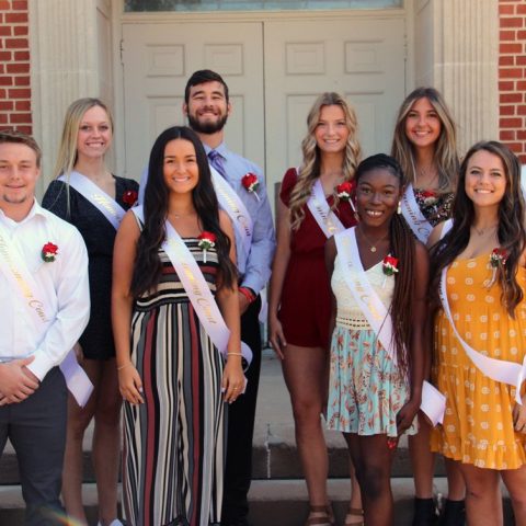 The 2021 Hastings College homecoming court. Front row, from left: Tyler Pawloski, Madelyn Redding, Kiante Stuart, Kyleigh Boever; second row from left: Charly Lufkin, Hayley Homan, Ryan Hunter, Madison Jagels, Ashley Ward, Garrett Clasen.