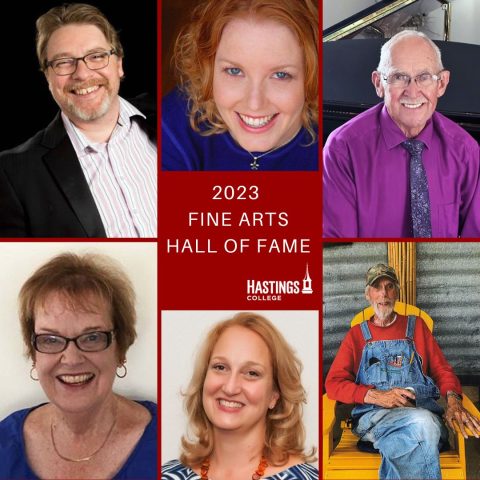 The 2023 Fine Arts Hall of Fame Class includes (clockwise from top/right) Jason Levering, Erica Christensen, Stan Johnson, Dave Stewart, Carla Hanzal and Barbara Wheeler.