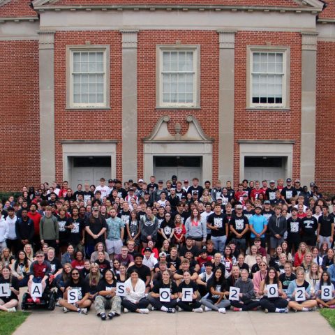 A photo of first year students in front of the chapel.