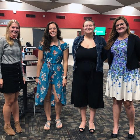 Newly inducted members of Alpha Chi include (from left): Grace Sinsel, Tiersa Darley, Brianna King and Emma Downing. Not pictured: Briana Meyer and Marlee Taylor
