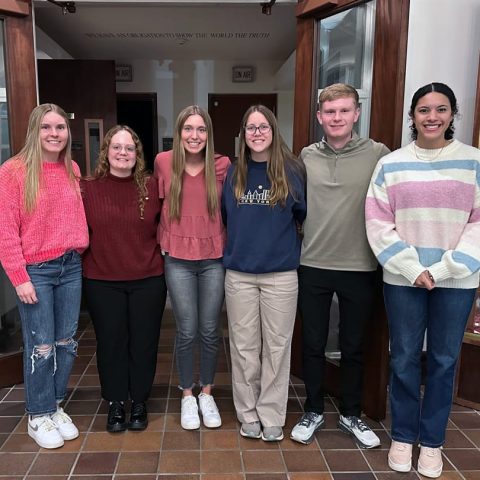 New Hastings College Alpha Chi members include (from left) Bailey Kissinger, Maggie deFreese, Maggie Wohl, Abby Fielder, Andrew Heckman and Macy Bryant. (Not picture: Sam Bax and Ember Thoreson.)