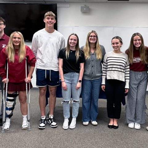 Students inducted into Alpha Chi at Hastings College include (from left): Sophia Lee, Levi West, Brooke Schilke, Micah Hinrichs, Lainey Benson, Sabrina DeHart, Teyla Huff, Madie Miles, Catie Reed and Lauryn Scott. Not pictured: Josie Cooley and Grace Hartman.