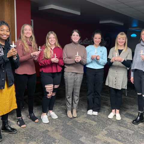 Students inducted into Alpha Chi include (from left) Ally Banks, Riley Clavel, Tia Gonzales-Hunter, Brooke Jorgenson, Betsy Miller, Lindsey Pratt and Haylee Sandman. Not pictured includes Lance High, Lauryn Metz, Tate Schmidt and Lauren Stull.