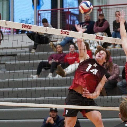 McLeroy at the net during a volleyball scrimmage earlier this year.