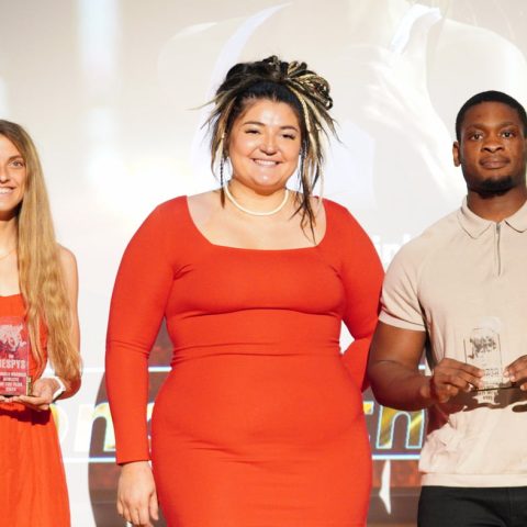 Veronica Pinkerton, Bronco Female Athlete of the Year (left); Jaylee Bradley, president of the Association of Student Athletes; and Harrison Udeh, Male Bronco Athlete of the Year, at the 2024 BESPY Awards.
