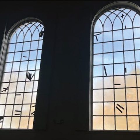 North-facing windows in French Memorial Chapel are held together in parts with duct tape.