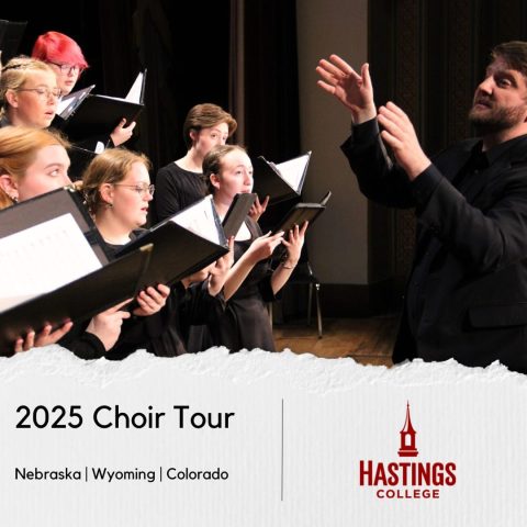 Photo of choir and director with words 2025 Choir Tour.