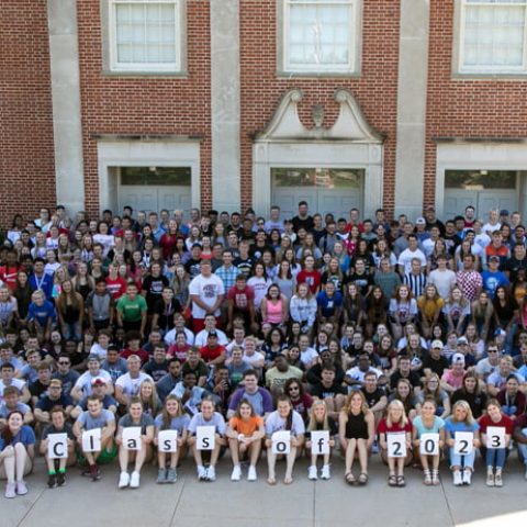 The Hastings College class of 2023 on the steps of French Memorial Chapel. 