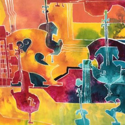A watercolor painting of musical instruments.