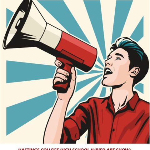 Emerging Visions over top of person with a megaphone.