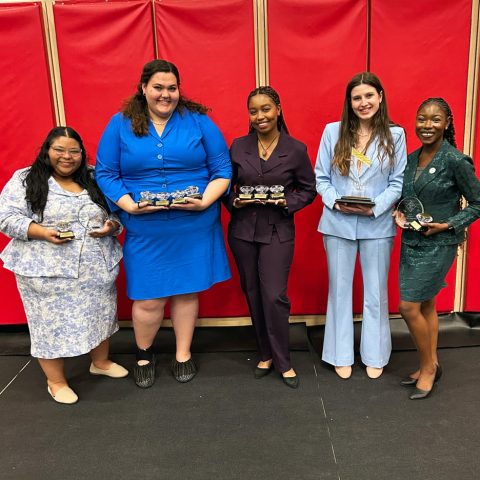 Photo of the Hastings College Forensics team, including Citlaly Quiroz, Nikki deSeriere, Ally Banks, Emma Kellick and Kianté Stuart.