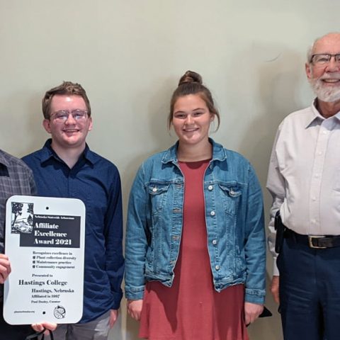 Representing Hastings College at the arboretum award ceremony were Carmen Maurer, Hastings College trustee; Paul Dooley, arboretum curator; Sam Johnson and Lauren Gahn, student representatives; Dr. Will Locke, emeritus professor and arboretum volunteer; Matt Fong '05, associate vice president of external relations.