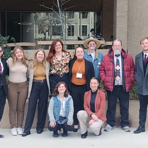 The Hastings College contingent for the Texas A&M History Conference included (front, l to r) Kierra Spurgeon and Betsy Miller; (standing, l to r) Brandon Hamel, Allison Knowles, Hailey Moore, Emma Downing, Olivia Perez '22, Max Griffel, history professor Dr. Rob Babcock, and Kinser Rafert.