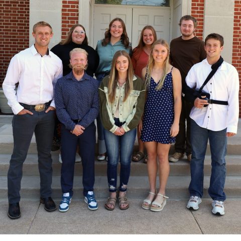 The 2024 Hastings College Homecoming Court. (front from left) Wyatt Ryan, Story Talbert, Jenna Sterling, Bailey Kissinger and Marcus Dustin; (back from left) Summer Postlewait, Molly Kammerer, Paige Willcoxon and Donovan Andrews. Not Pictured: Marissa Ruiz.