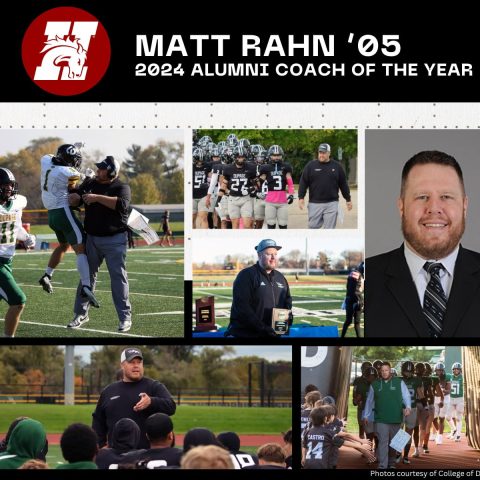 A photo collage showing Matt Rahn walking onto football field or interacting with players.