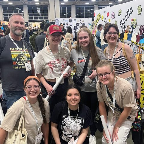 Representing Hastings College at the 59th annual National Council for the Education of Ceramic Arts conference included (front, from left) Lily Krahulik, Melinda Montaya and Breanna Brennfoerder, and (standing, from left) instructor Jerome Dubas, Anna Bultman, Alexis Linnebach and Brooke Gaughan.