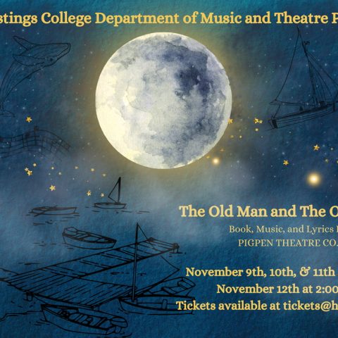 A poster with a moon and outline of an old man. Promoting the show "The Old Man and The Old Moon."