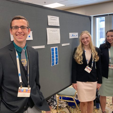 Students (from left) Cody Wilson, Riley Lanning and Betsy Miller presented a poster at the spring Midwest Political Science Association conference earlier this year.