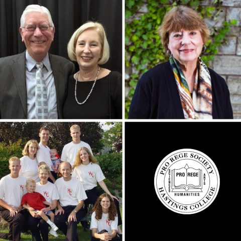 The 2026 Pro Rege inductees include (clockwise from top/left):  Krieger Electric (Paul Krieger and spouse Lynette), Ruth (McKevitt) Moore ’69 and the John DeBoer Family.