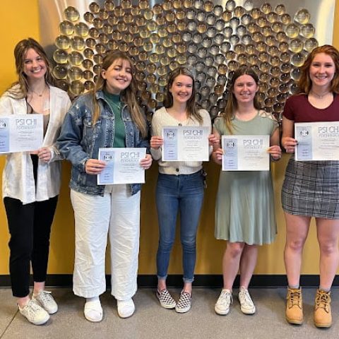 New members of the Hastings College chapter of Psi Chi include (from left) Hali Hansen, Mickayla VanNatter, Rachel Ney, Caitlin Birk and Elizabeth Baade were recently inducted into Phi Chi. Not pictured are Emma Albers, Jose Acevedo, Ian Bauer, Hannah Theisen and Jenna Tiemeyer.
