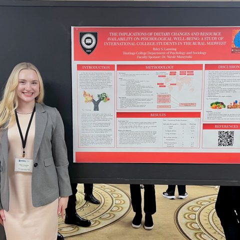 Riley Lanning with her poster at the Midwest Psychological Association Conference.