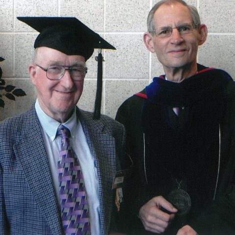 RobertStoner_25w Dr. Robert Stoner and former President Phil Dudley at the 2010 Golden Graduation ceremony for the Hastings College Class of 1960.