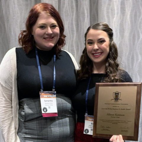 Sam Burke (left), a communication studies major from Denver, was elected to the Lambda Pi Eta National Student Advisory Board at the National Communication Association’s annual convention. Alli Kennon, a senior communication studies major from Spicer, Minnesota, received an award for presenting the top Lambda Pi Eta undergraduate research paper.