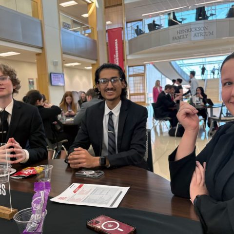 Hastings College students (from left) Campbell Schukei, Param Bhakta and Alexah Maguire at the 2025 Tenaska Business Challenge. 