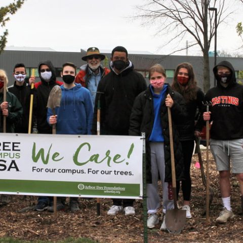 Students recently planted 13 trees near the Gray Center and Jackson Dinsdale Art Center as part of a campus service project and Arbor Day celebration.