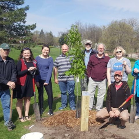 Students, faculty and staff with the Northern Red Oak tree they planted.