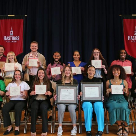 The 2025 Hastings College Who’s Who and Bronco Award recipients. Seated (from left): Claire Wiegert, Mireia del Val Fernandez, Cecilia Velarde, Riley Clavel, Alyssa Baker, Josephine Parker and Victoria Vondra. Back (from left): Lily Teeple, Vince Byrne, Riley Lanning, Karl Ludwig, Kyle Collins, Tymia Thompson, Myah Brown, Jermaine Francis Jr. and Christian Wiegert.